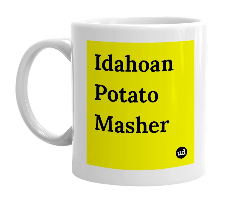White mug with 'Idahoan Potato Masher' in bold black letters