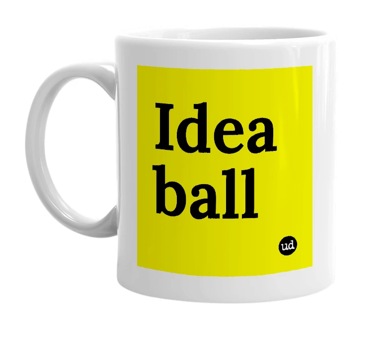 White mug with 'Idea ball' in bold black letters