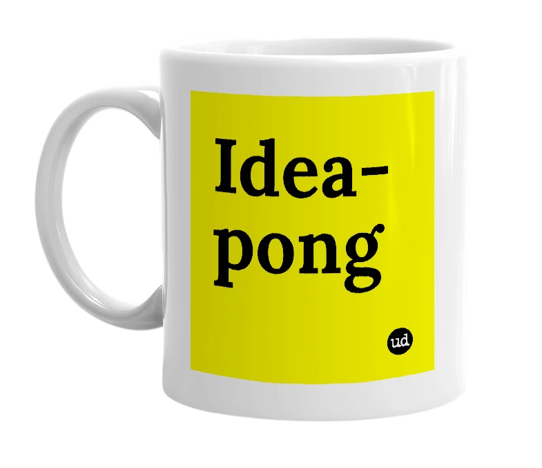 White mug with 'Idea-pong' in bold black letters