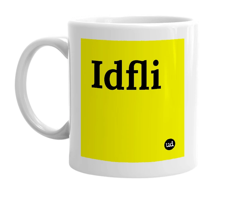 White mug with 'Idfli' in bold black letters