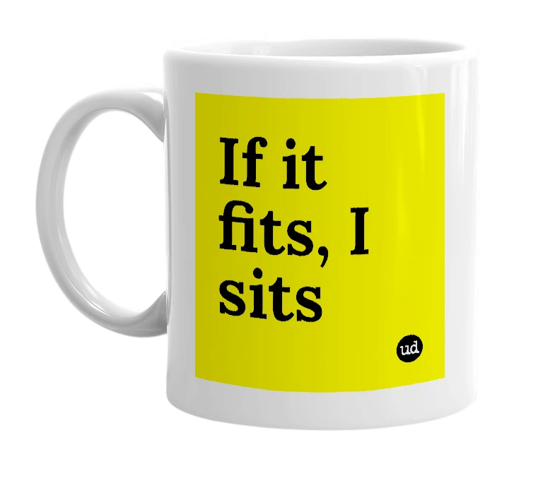 White mug with 'If it fits, I sits' in bold black letters