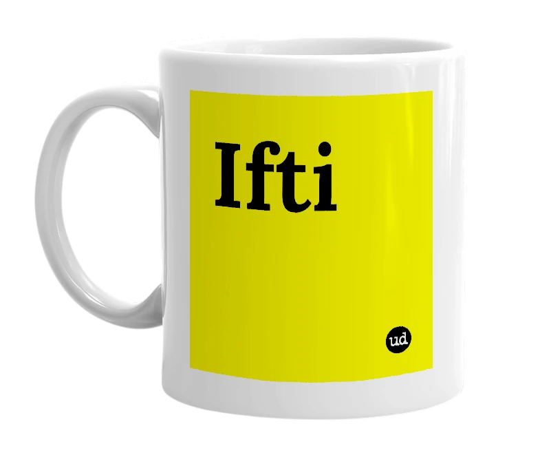 White mug with 'Ifti' in bold black letters