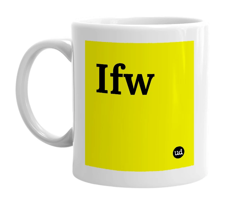 White mug with 'Ifw' in bold black letters