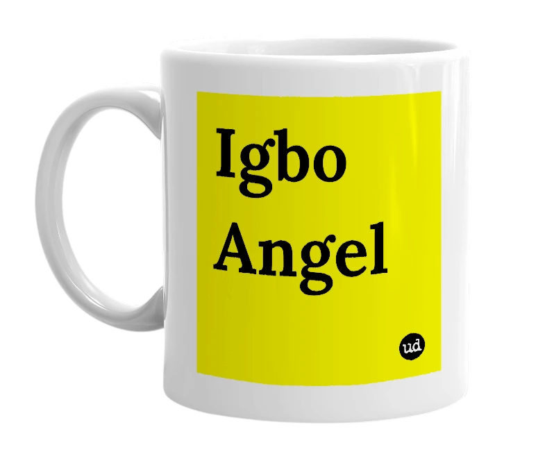 White mug with 'Igbo Angel' in bold black letters