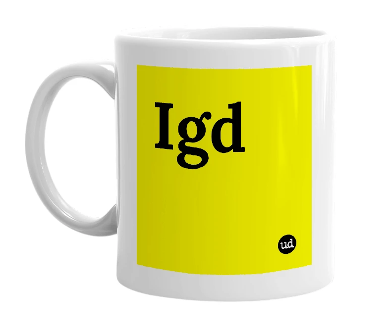 White mug with 'Igd' in bold black letters
