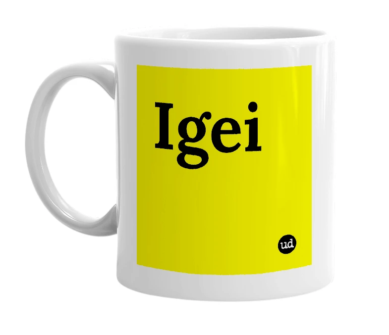 White mug with 'Igei' in bold black letters