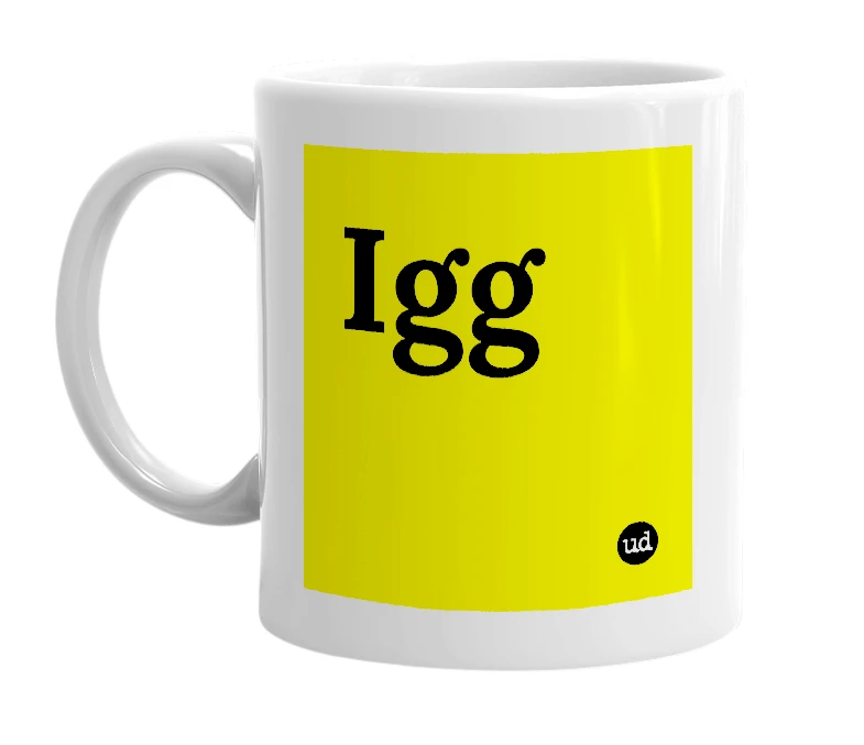 White mug with 'Igg' in bold black letters