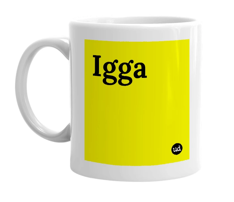 White mug with 'Igga' in bold black letters