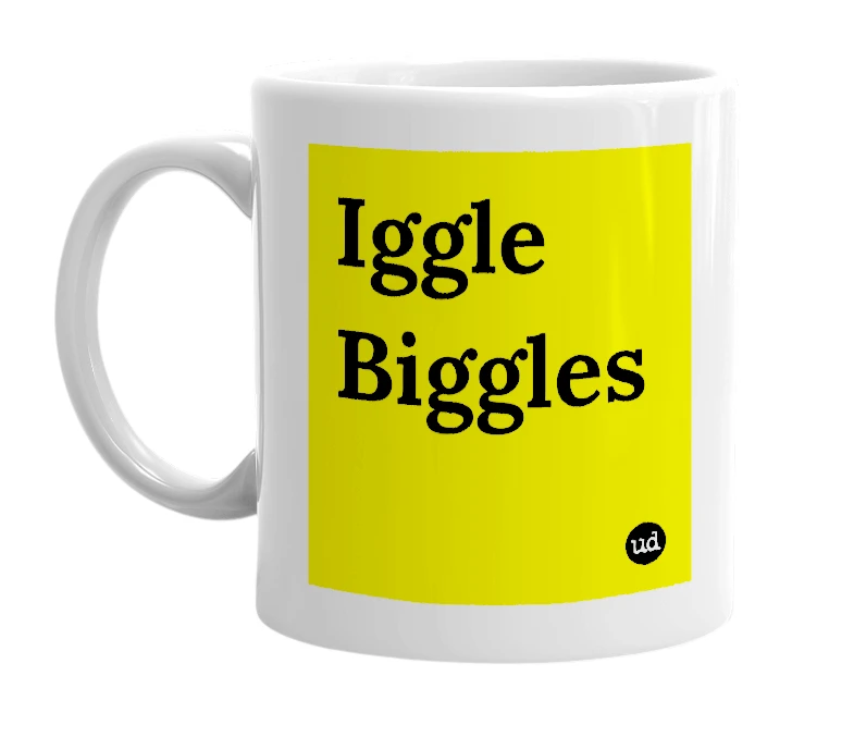 White mug with 'Iggle Biggles' in bold black letters