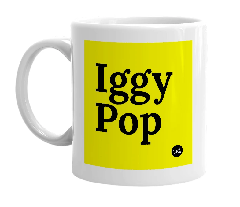 White mug with 'Iggy Pop' in bold black letters