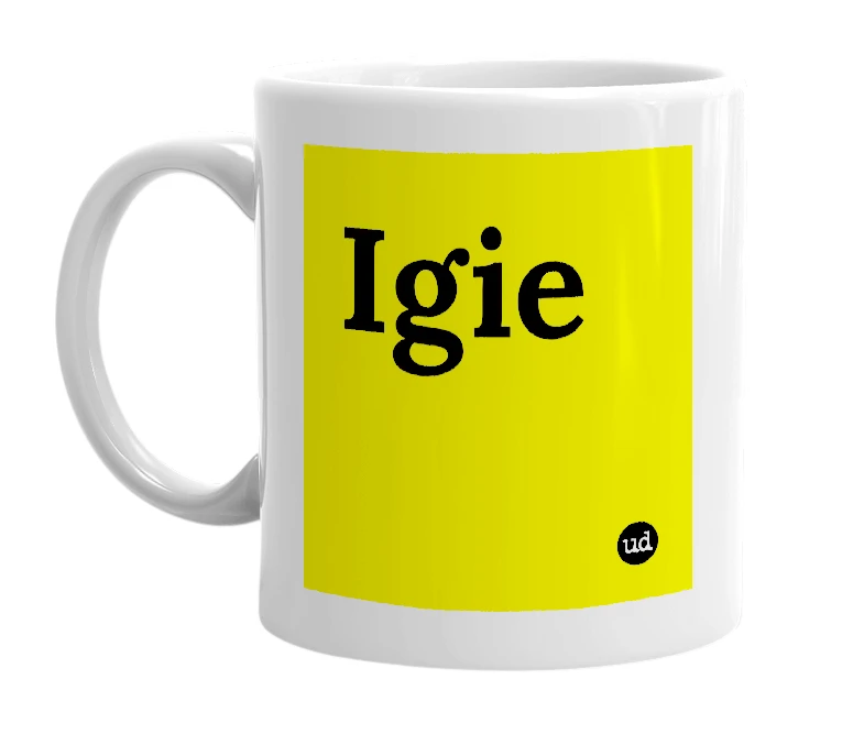 White mug with 'Igie' in bold black letters