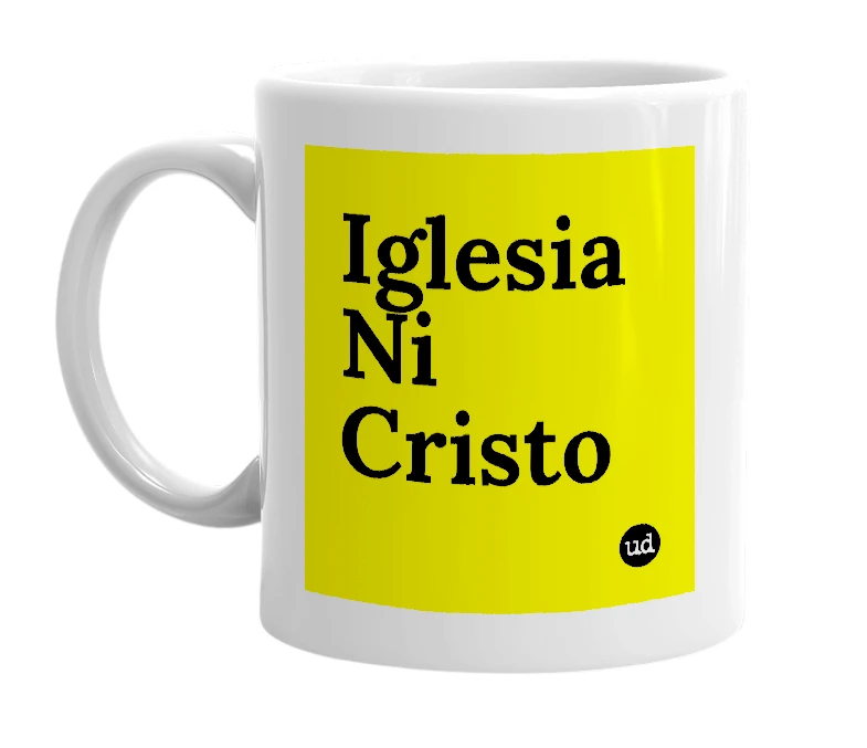 White mug with 'Iglesia Ni Cristo' in bold black letters