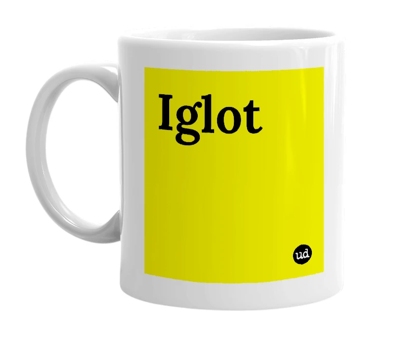 White mug with 'Iglot' in bold black letters