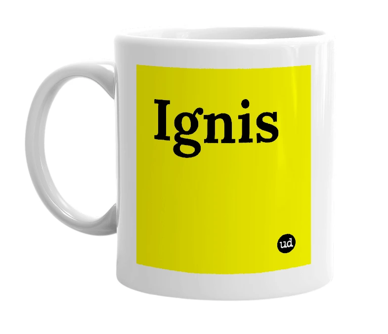 White mug with 'Ignis' in bold black letters