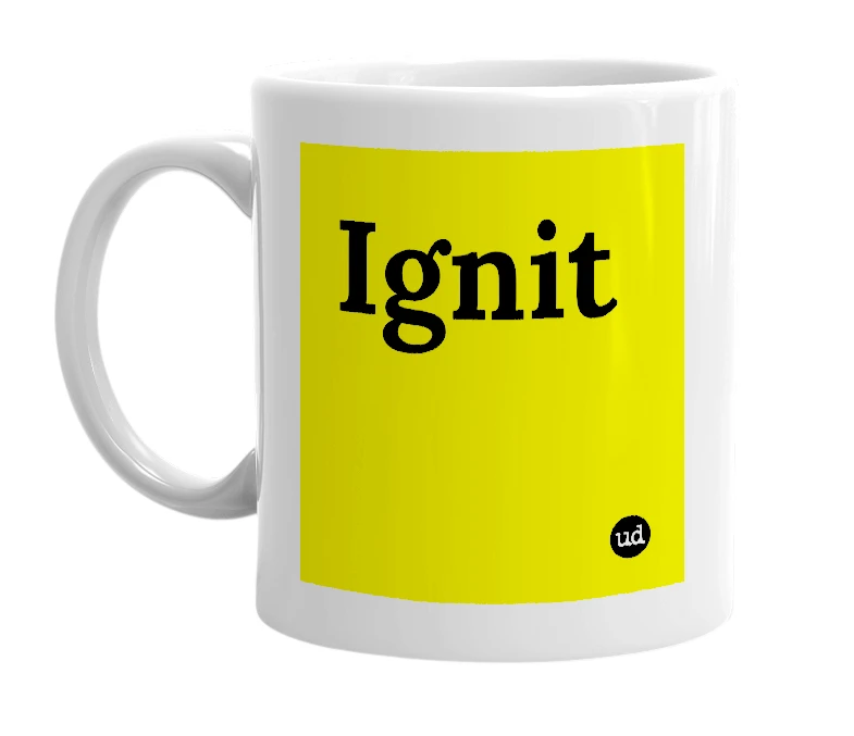 White mug with 'Ignit' in bold black letters
