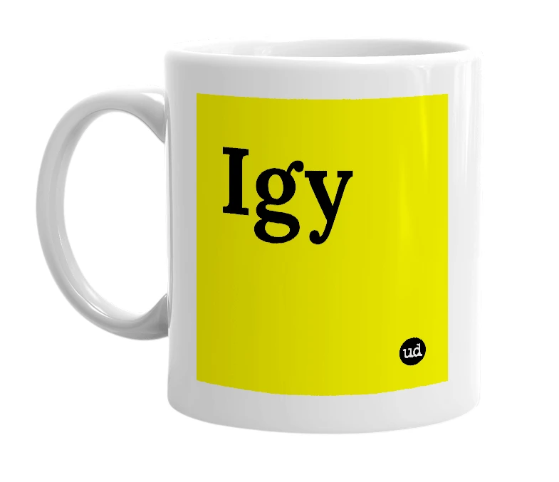 White mug with 'Igy' in bold black letters