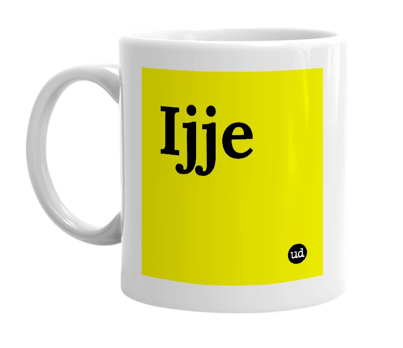 White mug with 'Ijje' in bold black letters