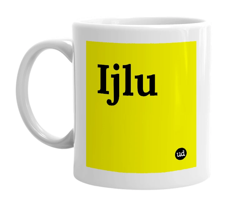 White mug with 'Ijlu' in bold black letters