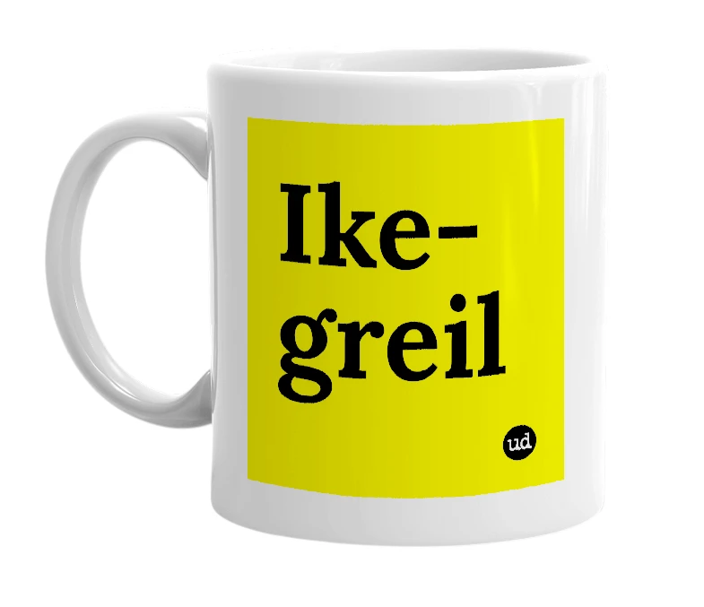 White mug with 'Ike-greil' in bold black letters