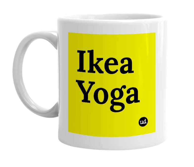 White mug with 'Ikea Yoga' in bold black letters