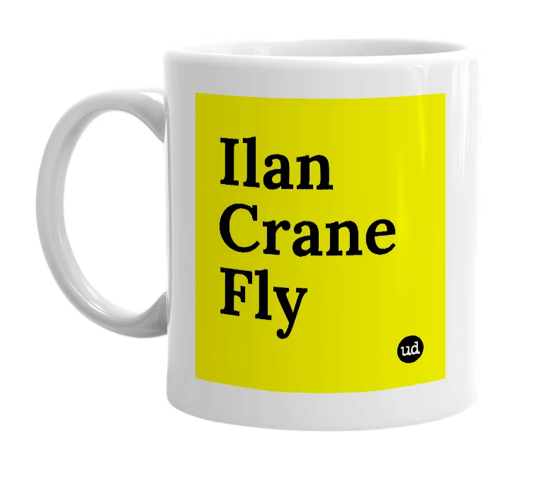 White mug with 'Ilan Crane Fly' in bold black letters