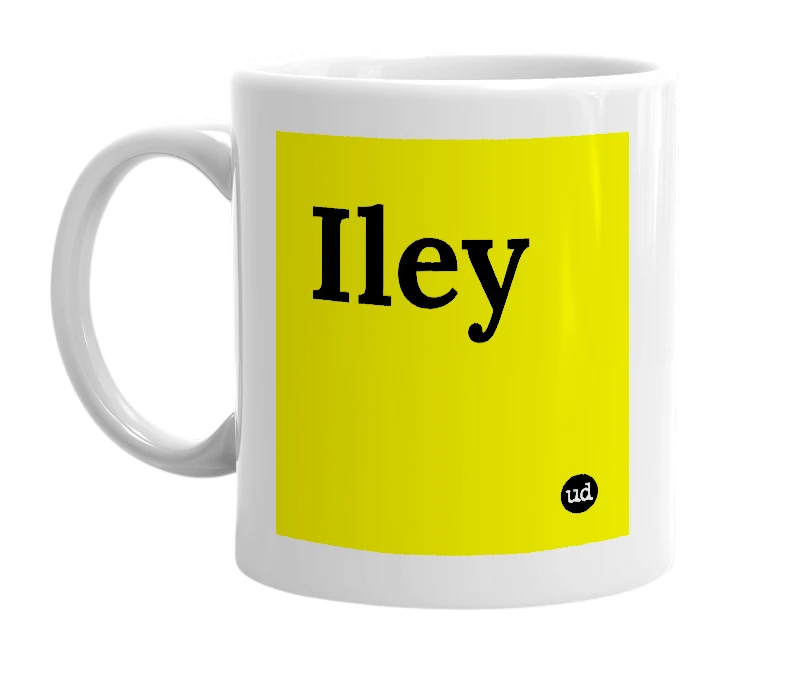 White mug with 'Iley' in bold black letters