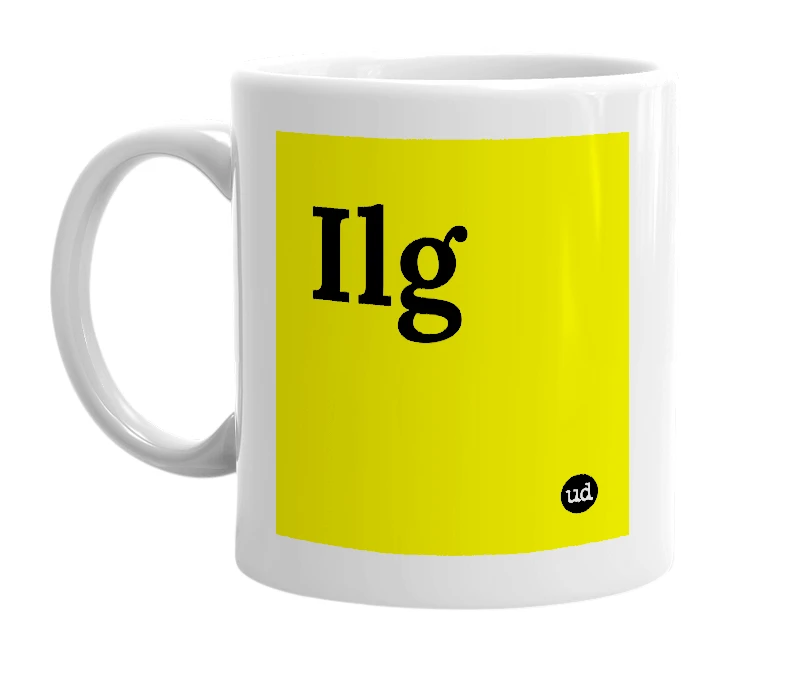 White mug with 'Ilg' in bold black letters