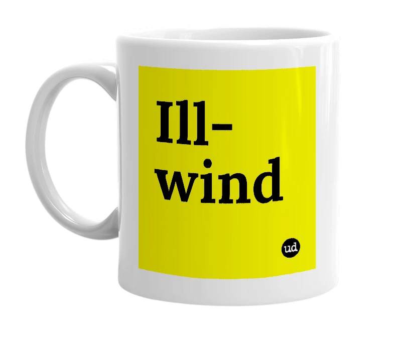 White mug with 'Ill-wind' in bold black letters