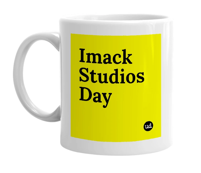 White mug with 'Imack Studios Day' in bold black letters