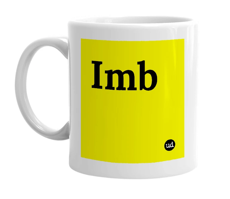White mug with 'Imb' in bold black letters