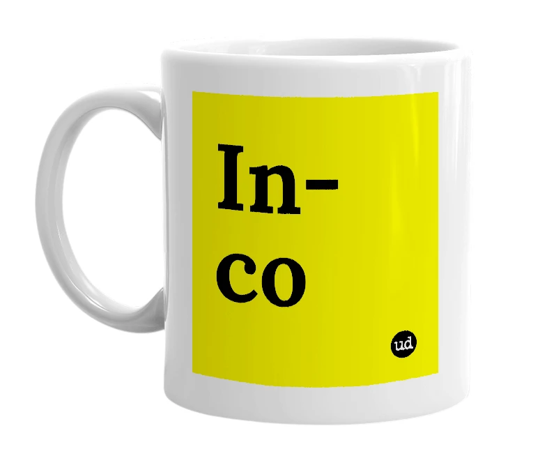 White mug with 'In-co' in bold black letters