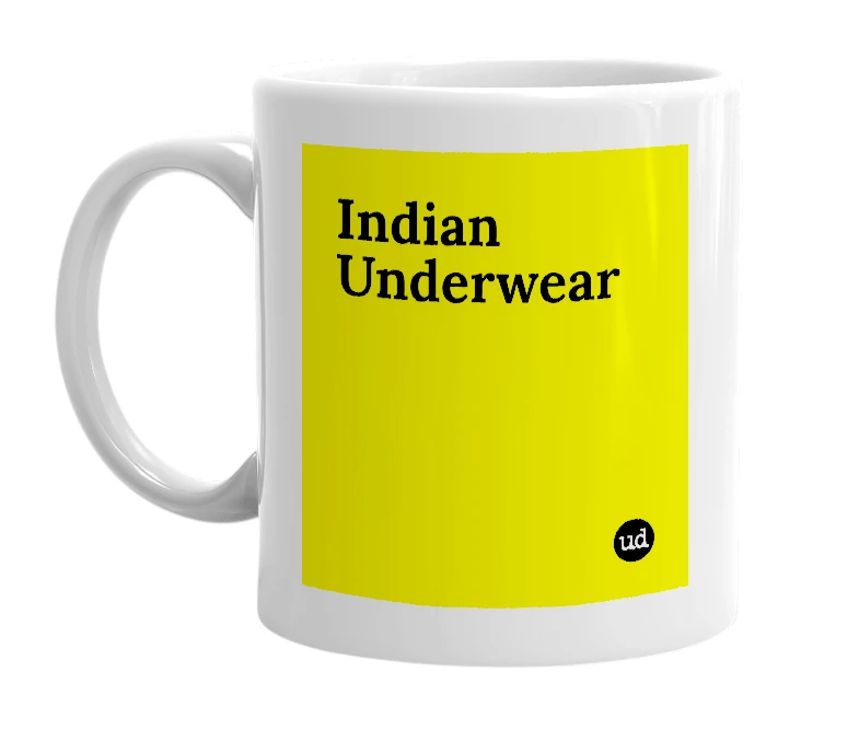 White mug with 'Indian Underwear' in bold black letters