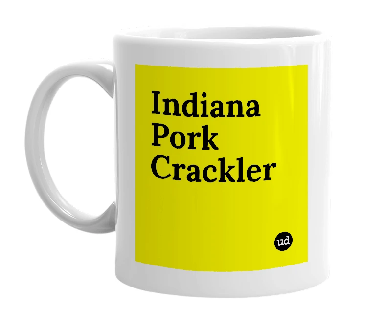 White mug with 'Indiana Pork Crackler' in bold black letters
