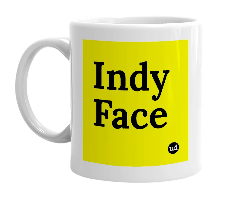 White mug with 'Indy Face' in bold black letters