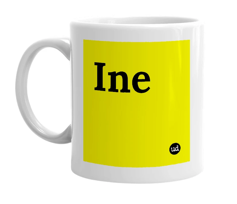 White mug with 'Ine' in bold black letters