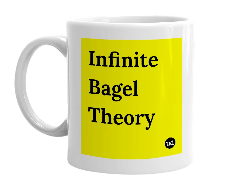 White mug with 'Infinite Bagel Theory' in bold black letters