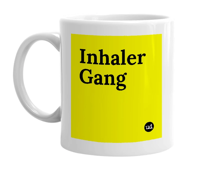 White mug with 'Inhaler Gang' in bold black letters