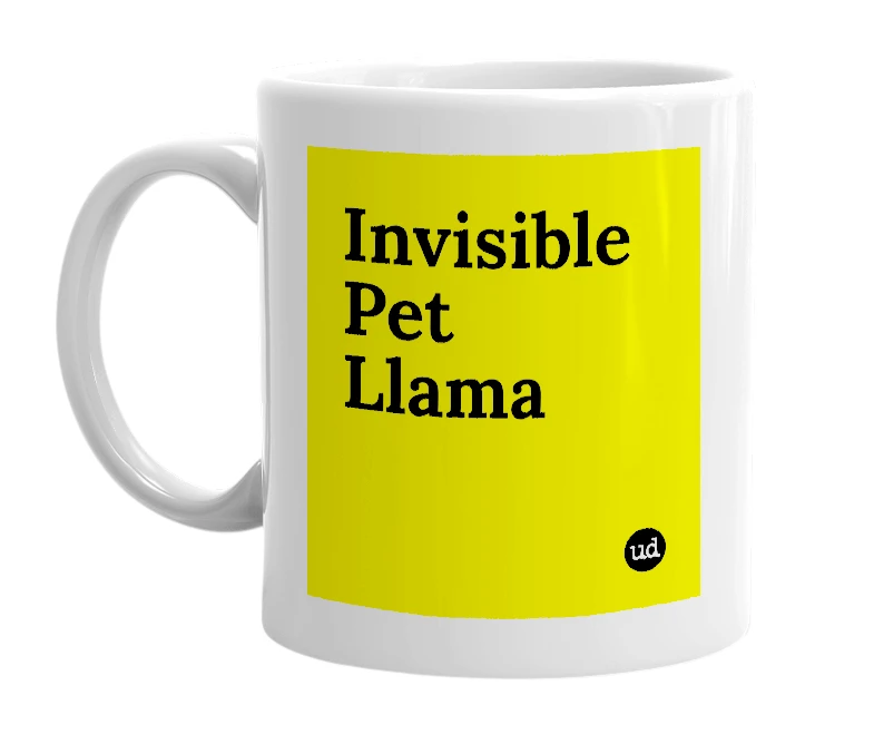 White mug with 'Invisible Pet Llama' in bold black letters