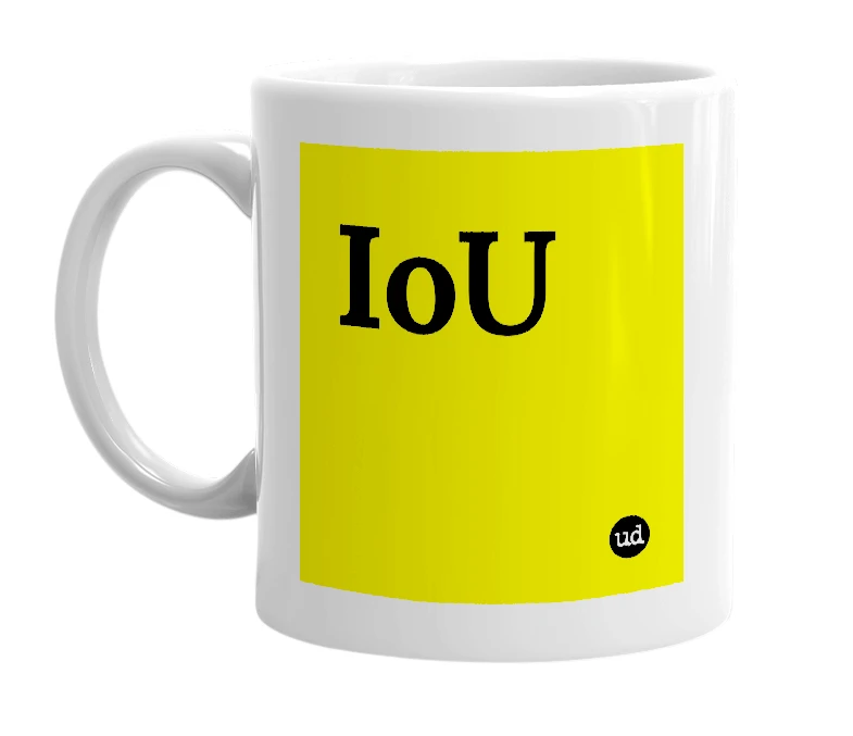 White mug with 'IoU' in bold black letters