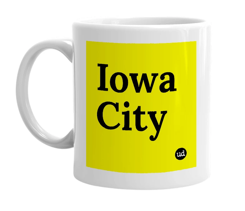 White mug with 'Iowa City' in bold black letters
