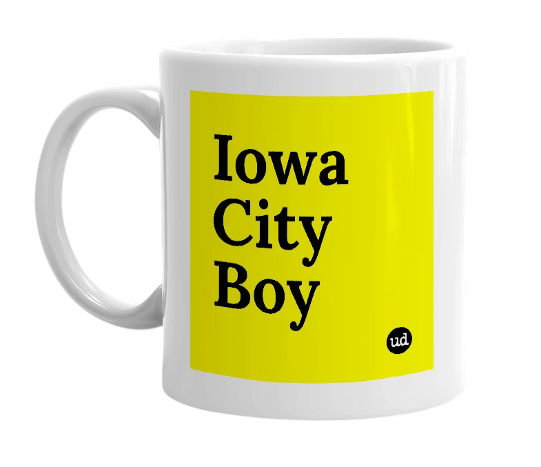 White mug with 'Iowa City Boy' in bold black letters