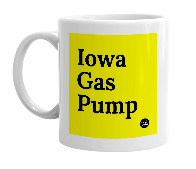 White mug with 'Iowa Gas Pump' in bold black letters