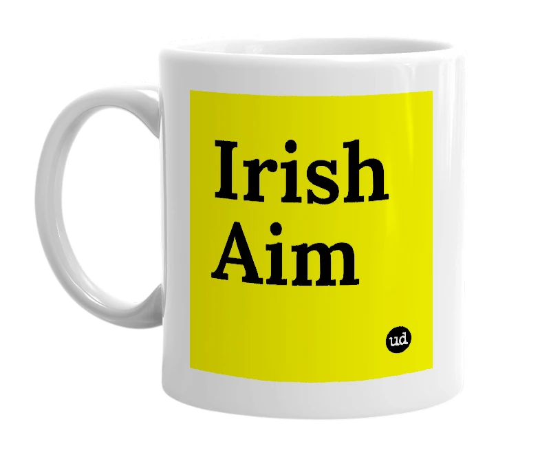 White mug with 'Irish Aim' in bold black letters