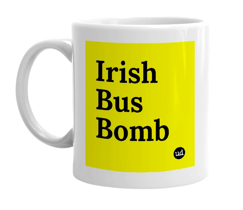 White mug with 'Irish Bus Bomb' in bold black letters