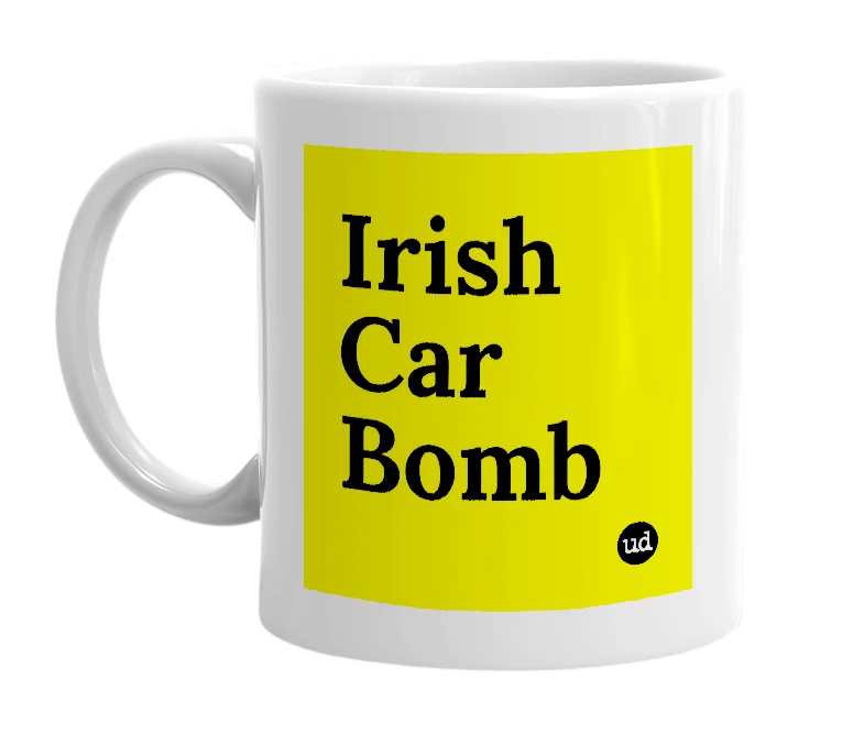 White mug with 'Irish Car Bomb' in bold black letters