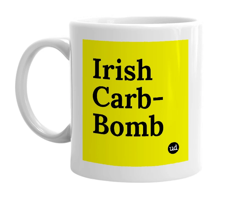 White mug with 'Irish Carb-Bomb' in bold black letters