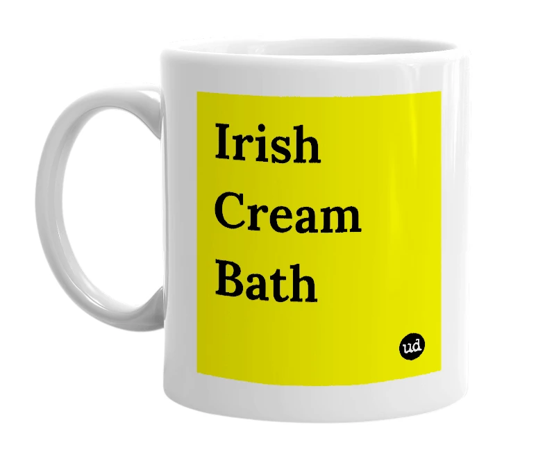White mug with 'Irish Cream Bath' in bold black letters
