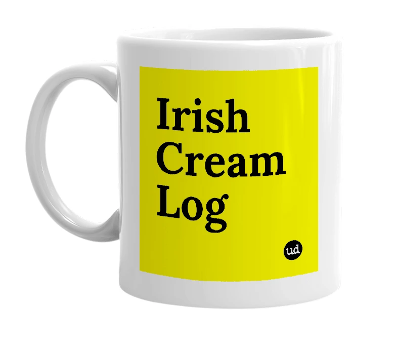White mug with 'Irish Cream Log' in bold black letters