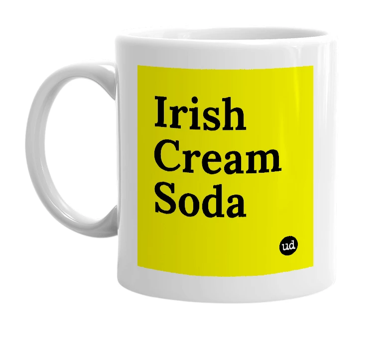 White mug with 'Irish Cream Soda' in bold black letters