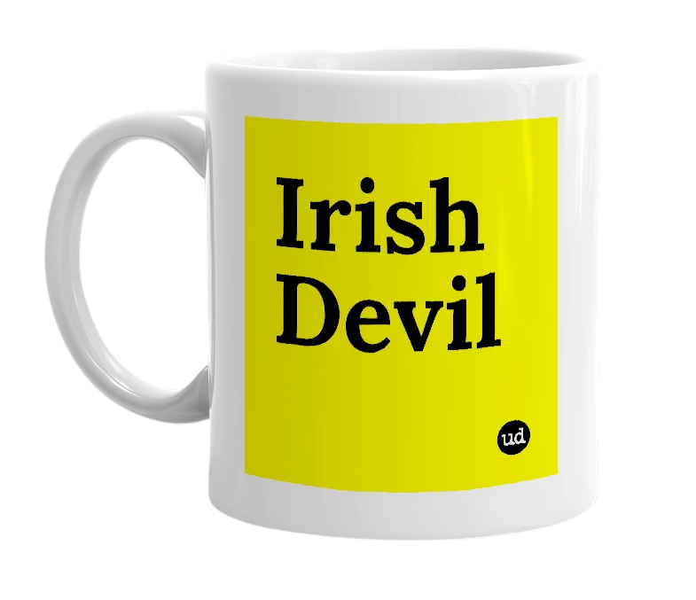 White mug with 'Irish Devil' in bold black letters